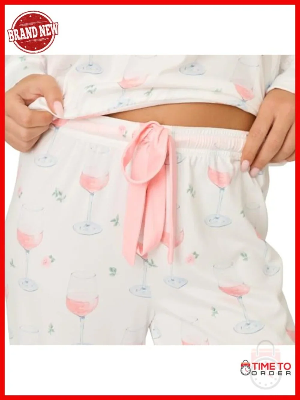 Cloud Jersey Open-bottom Pajama 2-piece Set with Wine Glass Print
